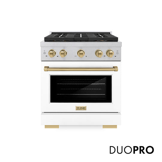 ZLINE Autograph Edition 30 in. 4.2 cu. ft. Paramount Gas Range with 4 Burner DuoPro™ Cooktop and Convection Gas Oven in Satin Stainless Steel with White Matte Door and Champagne Bronze Accents, Open Box-Great Condition