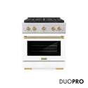 ZLINE Autograph Edition 30 in. 4.2 cu. ft. Paramount Gas Range with 4 Burner DuoPro™ Cooktop and Convection Gas Oven in Satin Stainless Steel with White Matte Door and Champagne Bronze Accents, Open Box-Good Condition