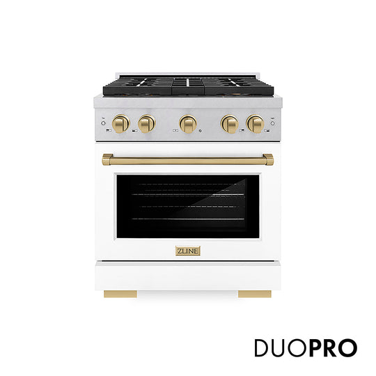 ZLINE Autograph Edition 30 in. 4.2 cu. ft. Paramount Gas Range with 4 Burner DuoPro™ Cooktop and Convection Gas Oven in Satin Stainless Steel with White Matte Door and Champagne Bronze Accents, Open Box-Good Condition