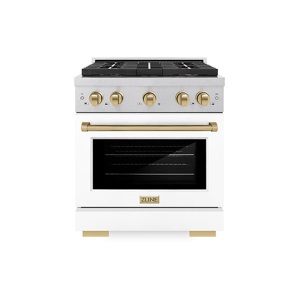 ZLINE Autograph Edition 30 in. 4.2 cu. ft. Paramount Gas Range with 4 Burner DuoPro™ Cooktop and Convection Gas Oven in Satin Stainless Steel with White Matte Door and Champagne Bronze Accents, Open Box-Good Condition