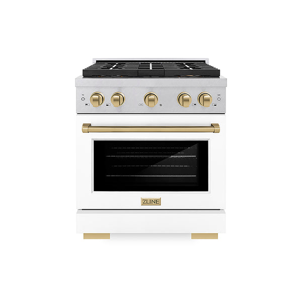 ZLINE Autograph Edition 30 in. 4.2 cu. ft. Paramount Gas Range with 4 Burner DuoPro™ Cooktop and Convection Gas Oven in Satin Stainless Steel with White Matte Door and Champagne Bronze Accents, Open Box-Great Condition