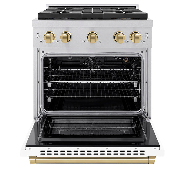 ZLINE Autograph Edition 30 in. 4.2 cu. ft. Paramount Gas Range with 4 Burner DuoPro™ Cooktop and Convection Gas Oven in Satin Stainless Steel with White Matte Door and Champagne Bronze Accents, Open Box-Good Condition