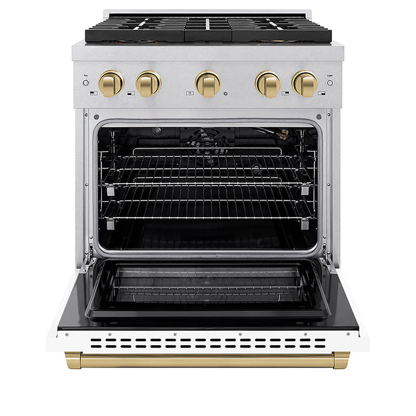 ZLINE Autograph Edition 30 in. 4.2 cu. ft. Paramount Gas Range with 4 Burner DuoPro™ Cooktop and Convection Gas Oven in Satin Stainless Steel with White Matte Door and Champagne Bronze Accents, Open Box-Great Condition