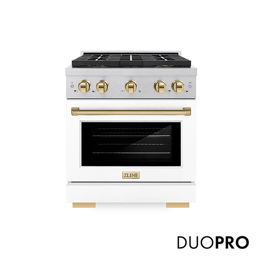 ZLINE Autograph Edition 30 in. 4.2 cu. ft. Paramount Gas Range with 4 Burner DuoPro™ Cooktop and Convection Gas Oven in Satin Stainless Steel with White Matte Door and Polished Gold Accents, Open Box-Good Condition