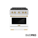 ZLINE Autograph Edition 30 in. 4.2 cu. ft. Paramount Gas Range with 4 Burner DuoPro™ Cooktop and Convection Gas Oven in Satin Stainless Steel with White Matte Door and Polished Gold Accents, Open Box-Great Condition