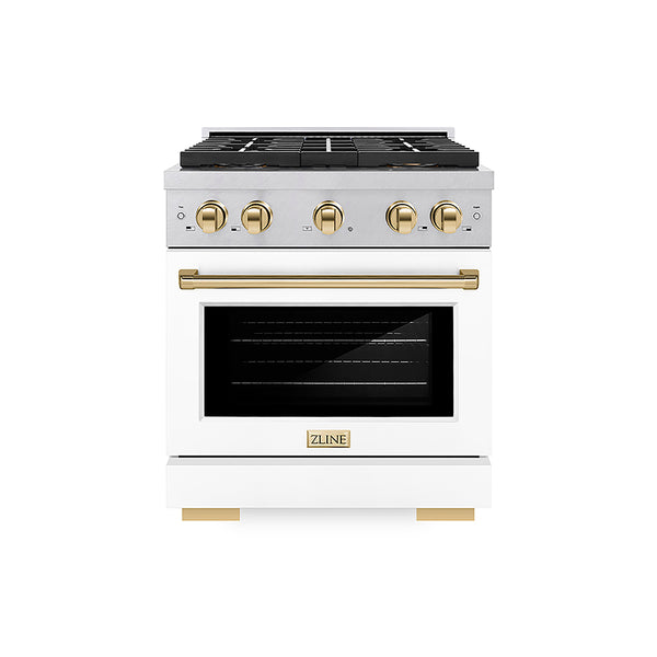 ZLINE Autograph Edition 30 in. 4.2 cu. ft. Paramount Gas Range with 4 Burner DuoPro™ Cooktop and Convection Gas Oven in Satin Stainless Steel with White Matte Door and Polished Gold Accents, Open Box-Great Condition