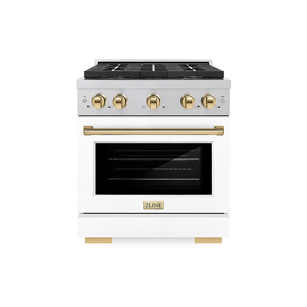 ZLINE Autograph Edition 30 in. 4.2 cu. ft. Paramount Gas Range with 4 Burner DuoPro™ Cooktop and Convection Gas Oven in Satin Stainless Steel with White Matte Door and Polished Gold Accents, Open Box-Good Condition
