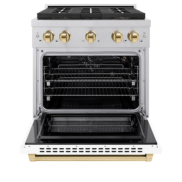 ZLINE Autograph Edition 30 in. 4.2 cu. ft. Paramount Gas Range with 4 Burner DuoPro™ Cooktop and Convection Gas Oven in Satin Stainless Steel with White Matte Door and Polished Gold Accents, Open Box-Great Condition