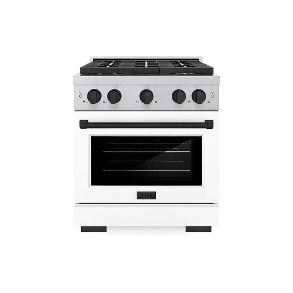 ZLINE Autograph Edition 30 in. 4.2 cu. ft. Paramount Gas Range with 4 Burner DuoPro™ Cooktop and Convection Gas Oven in Satin Stainless Steel with White Matte Door and Matte Black Accents, Open Box-Good Condition