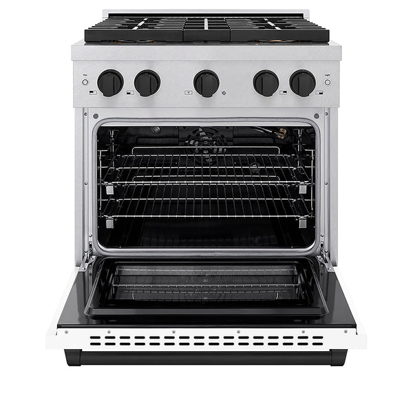 ZLINE Autograph Edition 30 in. 4.2 cu. ft. Paramount Gas Range with 4 Burner DuoPro™ Cooktop and Convection Gas Oven in Satin Stainless Steel with White Matte Door and Matte Black Accents, Open Box-Great Condition