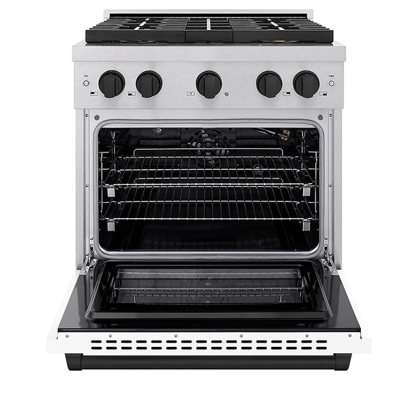 ZLINE Autograph Edition 30 in. 4.2 cu. ft. Paramount Gas Range with 4 Burner DuoPro™ Cooktop and Convection Gas Oven in Satin Stainless Steel with White Matte Door and Matte Black Accents, Open Box-Good Condition