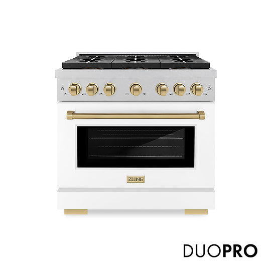 ZLINE Autograph Edition 36 in. 5.2 cu. ft. Paramount Gas Range with 6 Burner DuoPro™ Cooktop and Convection Gas Oven in Satin Stainless Steel with White Matte Door and Champagne Bronze Accents, Open Box-Good Condition