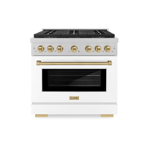 ZLINE Autograph Edition 36 in. 5.2 cu. ft. Paramount Gas Range with 6 Burner DuoPro™ Cooktop and Convection Gas Oven in Satin Stainless Steel with White Matte Door and Champagne Bronze Accents, Open Box-Great Condition