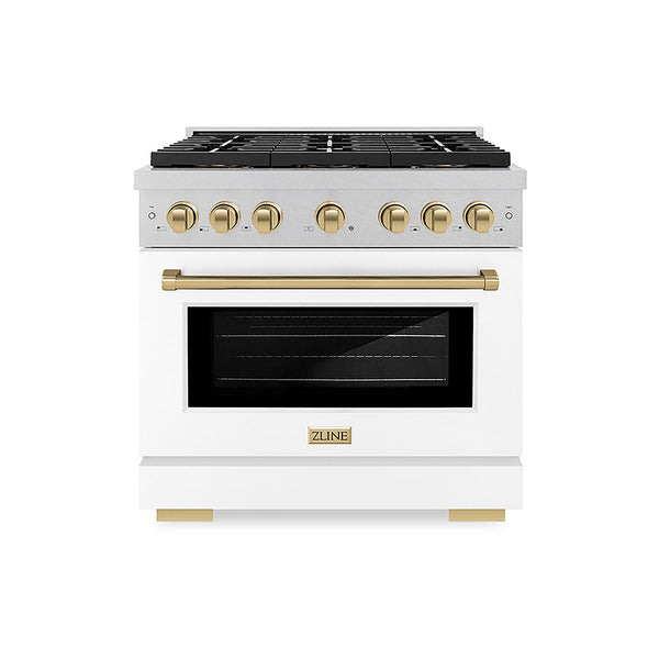 ZLINE Autograph Edition 36 in. 5.2 cu. ft. Paramount Gas Range with 6 Burner DuoPro™ Cooktop and Convection Gas Oven in Satin Stainless Steel with White Matte Door and Champagne Bronze Accents, Open Box-Good Condition