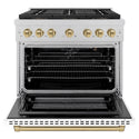 ZLINE Autograph Edition 36 in. 5.2 cu. ft. Paramount Gas Range with 6 Burner DuoPro™ Cooktop and Convection Gas Oven in Satin Stainless Steel with White Matte Door and Champagne Bronze Accents, Open Box-Good Condition