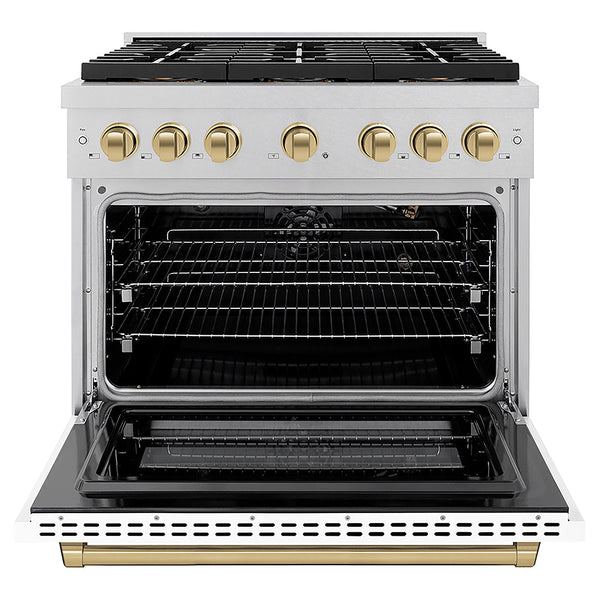 ZLINE Autograph Edition 36 in. 5.2 cu. ft. Paramount Gas Range with 6 Burner DuoPro™ Cooktop and Convection Gas Oven in Satin Stainless Steel with White Matte Door and Champagne Bronze Accents, Open Box-Good Condition