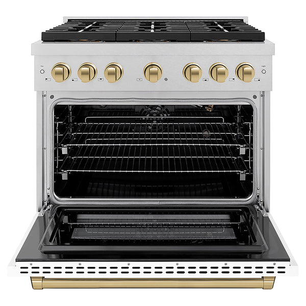 ZLINE Autograph Edition 36 in. 5.2 cu. ft. Paramount Gas Range with 6 Burner DuoPro™ Cooktop and Convection Gas Oven in Satin Stainless Steel with White Matte Door and Champagne Bronze Accents, Open Box-Great Condition