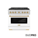 ZLINE Autograph Edition 36 in. 5.2 cu. ft. Paramount Gas Range with 6 Burner DuoPro™ Cooktop and Convection Gas Oven in Satin Stainless Steel with White Matte Door and Polished Gold Accents, Open Box-Great Condition