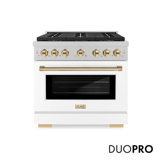 ZLINE Autograph Edition 36 in. 5.2 cu. ft. Paramount Gas Range with 6 Burner DuoPro™ Cooktop and Convection Gas Oven in Satin Stainless Steel with White Matte Door and Polished Gold Accents, Open Box-Great Condition