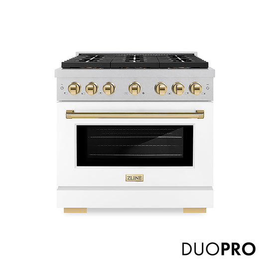 ZLINE Autograph Edition 36 in. 5.2 cu. ft. Paramount Gas Range with 6 Burner DuoPro™ Cooktop and Convection Gas Oven in Satin Stainless Steel with White Matte Door and Polished Gold Accents, Open Box-Good Condition