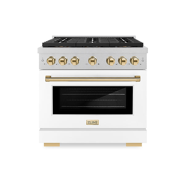 ZLINE Autograph Edition 36 in. 5.2 cu. ft. Paramount Gas Range with 6 Burner DuoPro™ Cooktop and Convection Gas Oven in Satin Stainless Steel with White Matte Door and Polished Gold Accents, Open Box-Great Condition