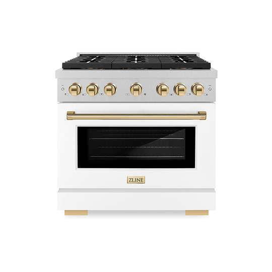 ZLINE Autograph Edition 36 in. 5.2 cu. ft. Paramount Gas Range with 6 Burner DuoPro™ Cooktop and Convection Gas Oven in Satin Stainless Steel with White Matte Door and Polished Gold Accents (PSGRSZ-WM-36-G)