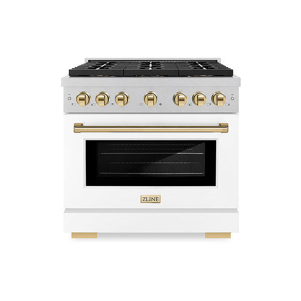 ZLINE Autograph Edition 36 in. 5.2 cu. ft. Paramount Gas Range with 6 Burner DuoPro™ Cooktop and Convection Gas Oven in Satin Stainless Steel with White Matte Door and Polished Gold Accents, Open Box-Good Condition