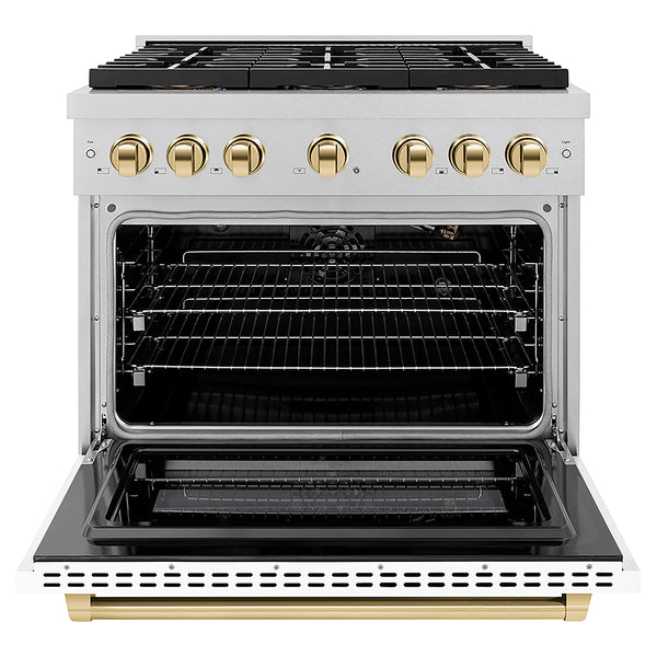 ZLINE Autograph Edition 36 in. 5.2 cu. ft. Paramount Gas Range with 6 Burner DuoPro™ Cooktop and Convection Gas Oven in Satin Stainless Steel with White Matte Door and Polished Gold Accents, Open Box-Great Condition