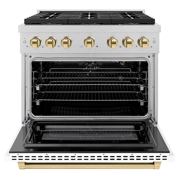 ZLINE Autograph Edition 36 in. 5.2 cu. ft. Paramount Gas Range with 6 Burner DuoPro™ Cooktop and Convection Gas Oven in Satin Stainless Steel with White Matte Door and Polished Gold Accents, Open Box-Good Condition
