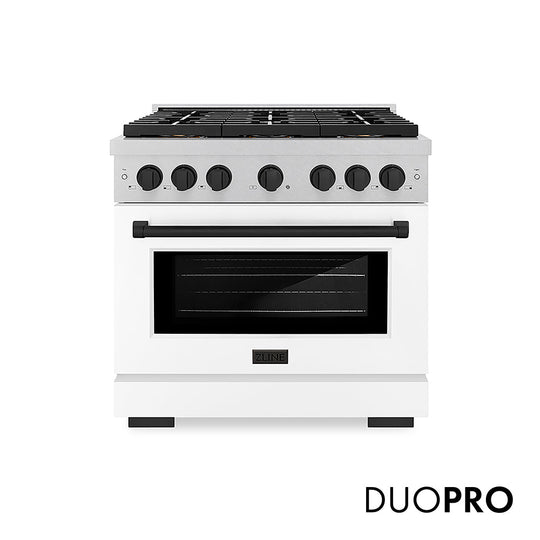 ZLINE Autograph Edition 36 in. 5.2 cu. ft. Paramount Gas Range with 6 Burner DuoPro™ Cooktop and Convection Gas Oven in Satin Stainless Steel with White Matte Door and Matte Black Accents, Open Box-Good Condition