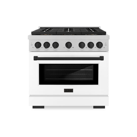 ZLINE Autograph Edition 36 in. 5.2 cu. ft. Paramount Gas Range with 6 Burner DuoPro™ Cooktop and Convection Gas Oven in Satin Stainless Steel with White Matte Door and Matte Black Accents (PSGRSZ-WM-36-MB)