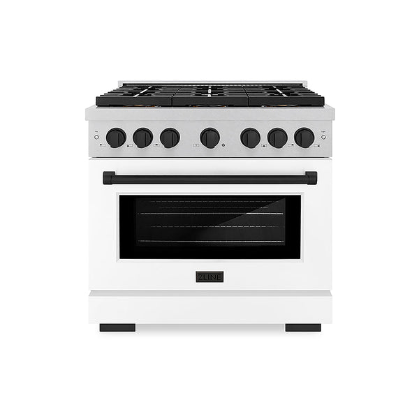 ZLINE Autograph Edition 36 in. 5.2 cu. ft. Paramount Gas Range with 6 Burner DuoPro™ Cooktop and Convection Gas Oven in Satin Stainless Steel with White Matte Door and Matte Black Accents, Open Box-Good Condition