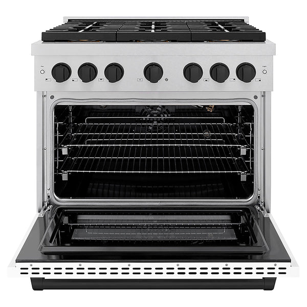 ZLINE Autograph Edition 36 in. 5.2 cu. ft. Paramount Gas Range with 6 Burner DuoPro™ Cooktop and Convection Gas Oven in Satin Stainless Steel with White Matte Door and Matte Black Accents, Open Box-Good Condition