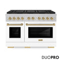 ZLINE Autograph Edition 48 in. 6.7 cu. ft. Paramount Gas Range with 8 Burner DuoPro™ Cooktop and Dual Ovens in Satin Stainless Steel with White Matte Doors and Champagne Bronze Accents, Open Box-Good Condition