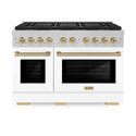 ZLINE Autograph Edition 48 in. 6.7 cu. ft. Paramount Gas Range with 8 Burner DuoPro™ Cooktop and Dual Ovens in Satin Stainless Steel with White Matte Doors and Champagne Bronze Accents, Open Box-Great Condition