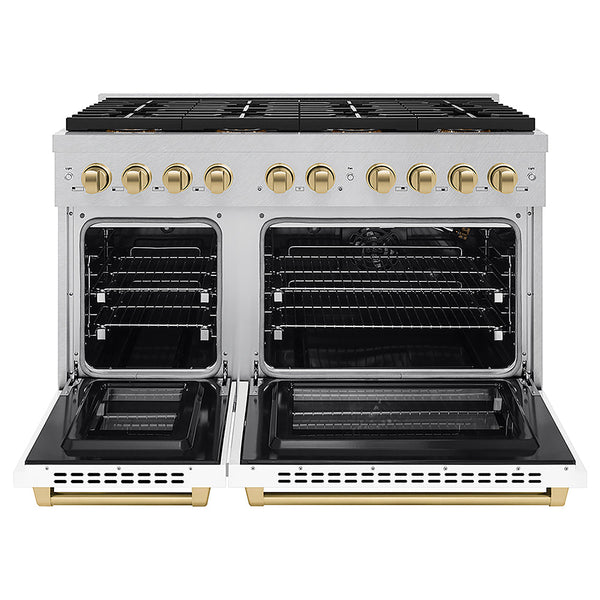 ZLINE Autograph Edition 48 in. 6.7 cu. ft. Paramount Gas Range with 8 Burner DuoPro™ Cooktop and Dual Ovens in Satin Stainless Steel with White Matte Doors and Champagne Bronze Accents, Open Box-Good Condition