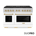 ZLINE Autograph Edition 48 in. 6.7 cu. ft. Paramount Gas Range with 8 Burner DuoPro™ Cooktop and Dual Ovens in Satin Stainless Steel with White Matte Doors and Polished Gold Accents, Open Box-Good Condition
