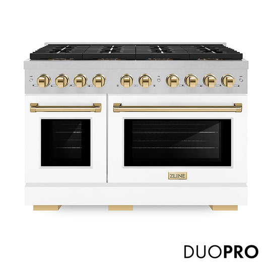 ZLINE Autograph Edition 48 in. 6.7 cu. ft. Paramount Gas Range with 8 Burner DuoPro™ Cooktop and Dual Ovens in Satin Stainless Steel with White Matte Doors and Polished Gold Accents, Open Box-Good Condition
