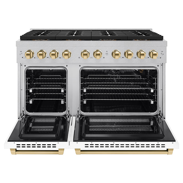ZLINE Autograph Edition 48 in. 6.7 cu. ft. Paramount Gas Range with 8 Burner DuoPro™ Cooktop and Dual Ovens in Satin Stainless Steel with White Matte Doors and Polished Gold Accents, Open Box-Great Condition