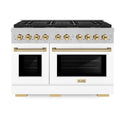 ZLINE Autograph Edition 48 in. 6.7 cu. ft. Paramount Gas Range with 8 Burner DuoPro™ Cooktop and Dual Ovens in Satin Stainless Steel with White Matte Doors and Polished Gold Accents (PSGRSZ-WM-48-G)