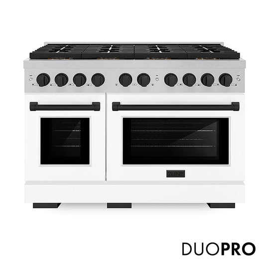 ZLINE Autograph Edition 48 in. 6.7 cu. ft. Paramount Gas Range with 8 Burner DuoPro™ Cooktop and Dual Ovens in Satin Stainless Steel with White Matte Doors and Matte Black Accents, Open Box-Good Condition