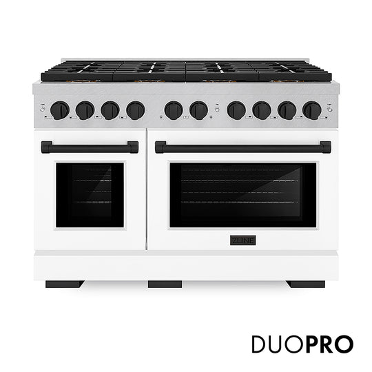 ZLINE Autograph Edition 48 in. 6.7 cu. ft. Paramount Gas Range with 8 Burner DuoPro™ Cooktop and Dual Ovens in Satin Stainless Steel with White Matte Doors and Matte Black Accents, Open Box-Great Condition
