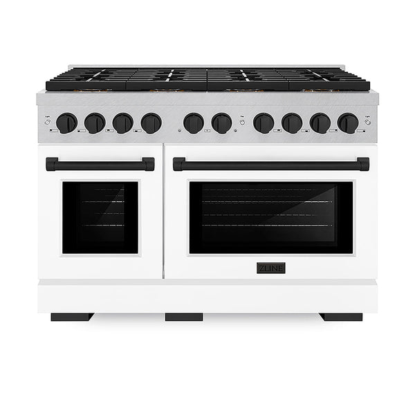 ZLINE Autograph Edition 48 in. 6.7 cu. ft. Paramount Gas Range with 8 Burner DuoPro™ Cooktop and Dual Ovens in Satin Stainless Steel with White Matte Doors and Matte Black Accents, Open Box-Good Condition