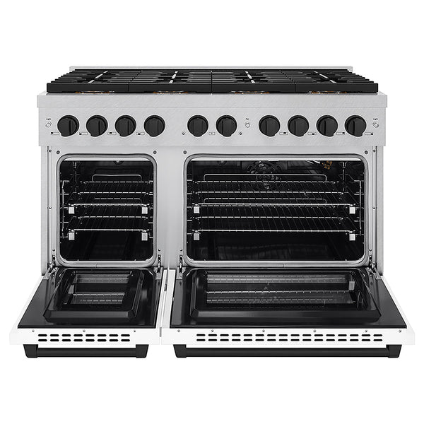 ZLINE Autograph Edition 48 in. 6.7 cu. ft. Paramount Gas Range with 8 Burner DuoPro™ Cooktop and Dual Ovens in Satin Stainless Steel with White Matte Doors and Matte Black Accents, Open Box-Good Condition