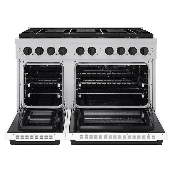 ZLINE Autograph Edition 48 in. 6.7 cu. ft. Paramount Gas Range with 8 Burner DuoPro™ Cooktop and Dual Ovens in Satin Stainless Steel with White Matte Doors and Matte Black Accents, Open Box-Great Condition