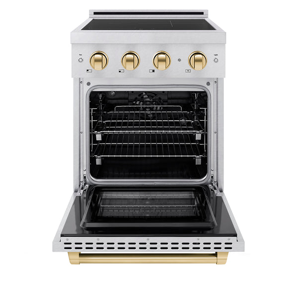 ZLINE Autograph Edition 24 in. 3.2 cu. ft. Paramount Induction Range with 3 Element Cooktop and Electric Convection Oven in Satin Stainless Steel with Polished Gold Accents (SINRSZ-24-G)