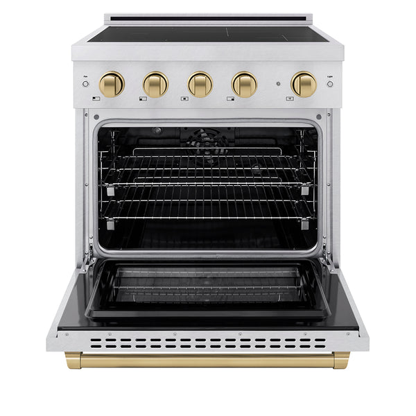 ZLINE Autograph Edition 30 in. 4.2 cu. ft. Paramount Induction Range with 4 Element Cooktop and Electric Convection Oven in Satin Stainless Steel with Champagne Bronze Accents, Open Box-Great Condition