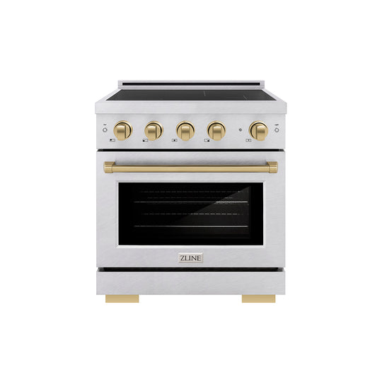 ZLINE Autograph Edition 30 in. 4.2 cu. ft. Paramount Induction Range with 4 Element Cooktop and Electric Convection Oven in Satin Stainless Steel with Champagne Bronze Accents (SINRSZ-30-CB)