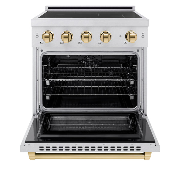 ZLINE Autograph Edition 30 in. 4.2 cu. ft. Paramount Induction Range with 4 Element Cooktop and Electric Convection Oven in Satin Stainless Steel with Polished Gold Accents (SINRSZ-30-G)