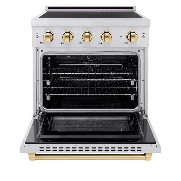 ZLINE Autograph Edition 30 in. 4.2 cu. ft. Paramount Induction Range with 4 Element Cooktop and Electric Convection Oven in Satin Stainless Steel with Polished Gold Accents, Open Box-Great Condition